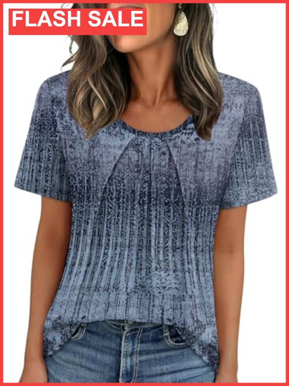Womens Pleated Scoop Neck Short Sleeve Top Business Casual Blouse